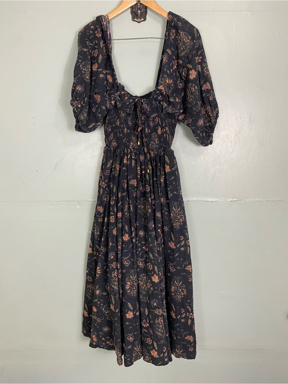 Free‎ People Oasis Maxi Dress Floral Motif Smocked Ballon Sleeve Small
